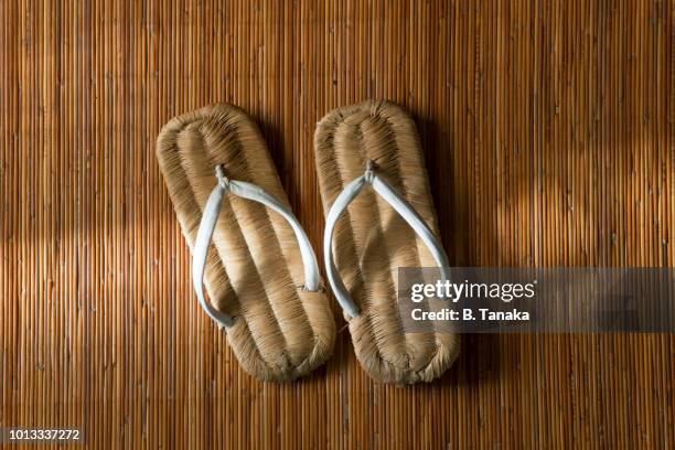 carpenter's indoor sandals on bamboo mat at traditional residence on japan's miura peninsula - bamboo flooring stock pictures, royalty-free photos & images