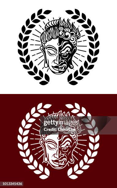 buddhist evil hannya and calm buddha mask mixed icon emblem - buddha head vector stock illustrations