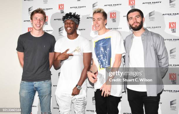 Calfreezy, KSI, Miniminter and Zerkaa attend the World Premiere of 'KSI: Can't Lose' documentary at Picturehouse Central on August 8, 2018 in London,...