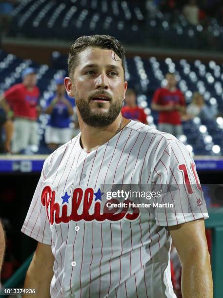 Trevor Plouffe of the Philadelphia Phillies after hitting a game winning, walk-off, three-run home run in the 16th inning during a game against the...