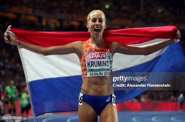 Susan Krumins of the Netherlands celebrates finishing second in the Women's 10,000m Final during day two of the 24th European Athletics Championships...