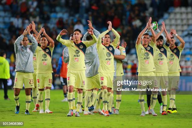 Players of America show gratitude to the fans the third round match between Pachuca and Club America as part of the Torneo Apertura 2018 Liga MX at...