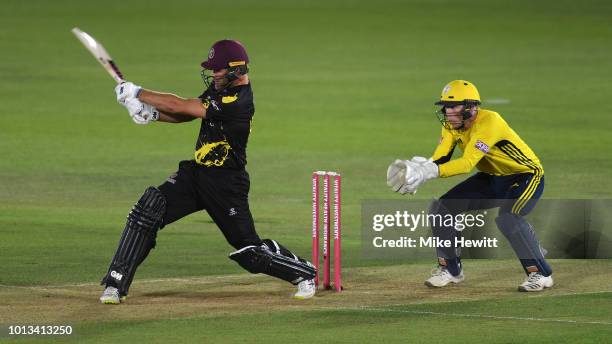 Corey Anderson of Somerset hits a boundary during the Vitality Blast match between Hampshire and Somerset at The Ageas Bowl on August 8, 2018 in...