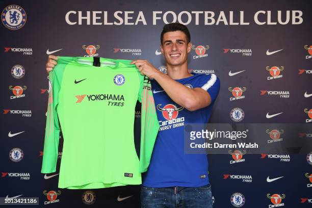 Kepa Arrizabalaga signs for Chelsea at Chelsea Training Ground on August 8, 2018 in Cobham, England.
