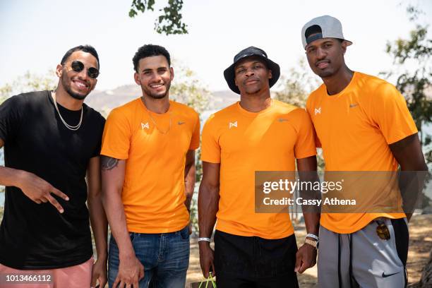 André Roberson, Abdel Nader, Russell Westbrook and Paul George attend the 2nd annual Paul George fishing tournament at Castaic Lake on August 4, 2018...