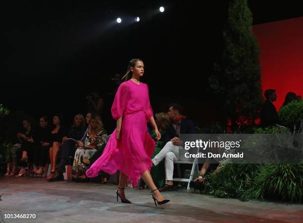 Models showcase designs during the David Jones Spring Summer 18 Collections Launch at Fox Studios on August 8, 2018 in Sydney, Australia.