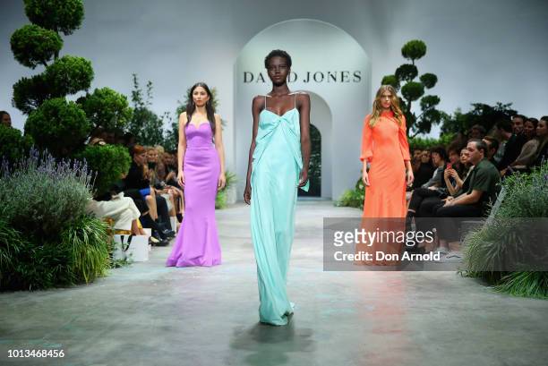 Adut Akech showcases designs during the David Jones Spring Summer 18 Collections Launch at Fox Studios on August 8, 2018 in Sydney, Australia.