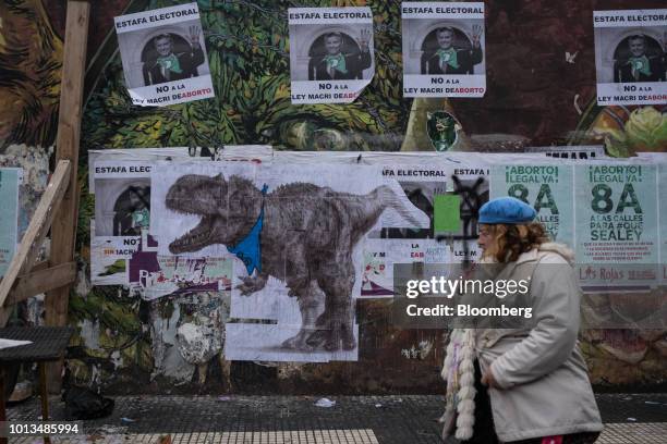 Pedestrian walks past pro-life and pro-choice signs during a protest outside of the National Congress building in Buenos Aires, Argentina, on...