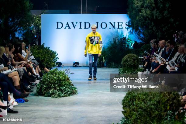 Anwar Hadid showcases designs by Diesel designs during the David Jones Spring Summer 18 Collections Launch at Fox Studios on August 8, 2018 in...