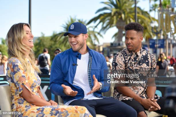 Renee Bargh, Colton Underwood and Wills Reid visit "Extra" at Universal Studios Hollywood on August 8, 2018 in Universal City, California.