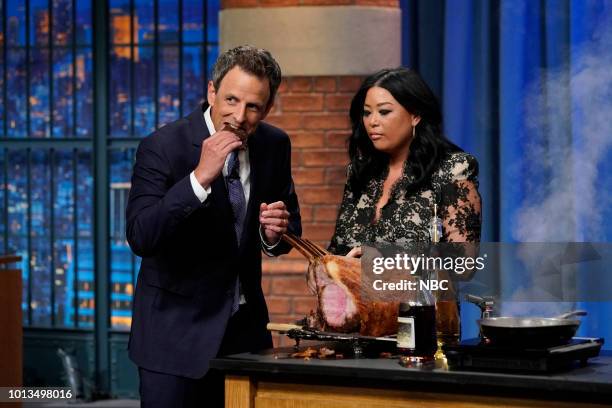 Episode 720 -- Pictured: Host Seth Meyers with Chef Angie Marr during a cooking segment on August 8, 2018 --