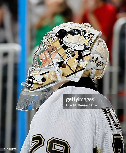 Goaltender Marc-Andre Fleury of the Pittsburgh Penguins against the Atlanta Thrashers at Philips Arena on April 10, 2010 in Atlanta, Georgia.