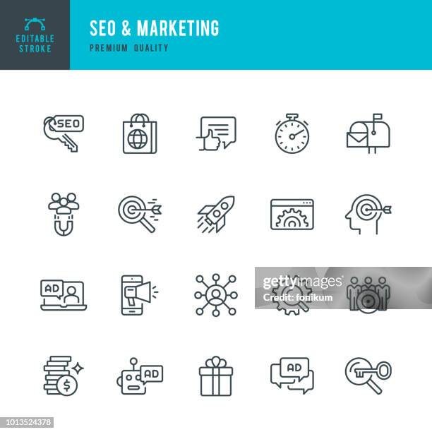 seo & marketing - set of line vector icons - magnifying glass laptop stock illustrations