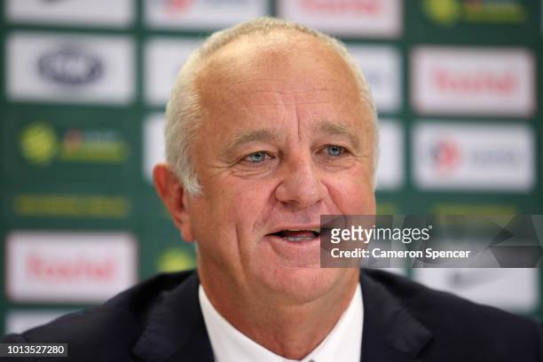 Australian Socceroos and Olyroos coach Graham Arnold speaks to the media during a press conference at the FFA Offices on August 9, 2018 in Sydney,...