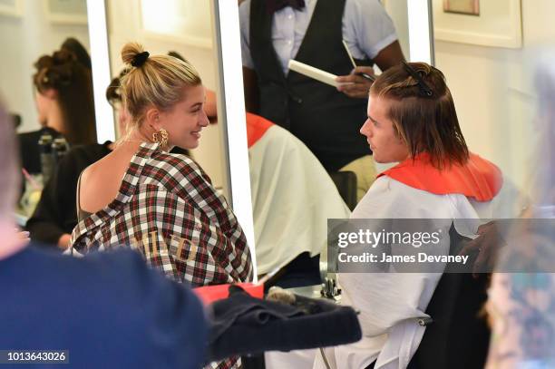 Hailey Baldwin and Justin Bieber visit Cutler hair salon in SoHo on August 8, 2018 in New York City.