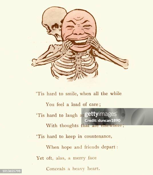 victorian satirical cartoon, depression hiding behind a smiling mask - hide body stock illustrations