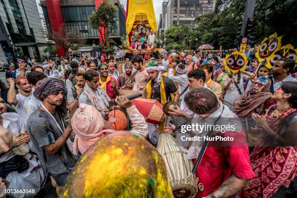 People participate in the annual Hindu festival &quot;Ratha Yatra&quot;, in Sao Paulo, Brazil, on August 7, 2018. According to information from the...