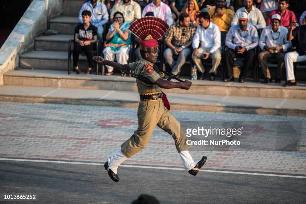Indian military BSF march Wagah-Attari border ceremony in 8 August 2018. This ceremony takes place every evening before sunset at the Wagah and...