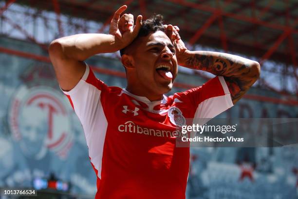 Ernesto Vega of Toluca celebrates after scoring the first goal of his team during the third round match between Toluca and Chivas as part of the...