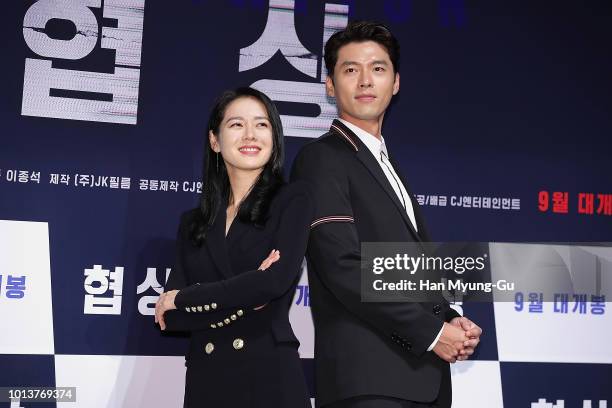 South Korean actors Son Ye-Jin and Hyun Bin attend the press conference for 'The Negotiation' at CGV on August 9, 2018 in Seoul, South Korea.