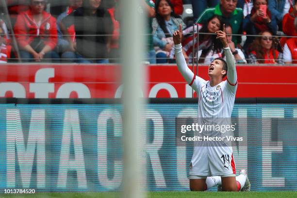 Angel Zaldivar of Chivas celebrates after scoring the second goal of his team during the third round match between Toluca and Chivas as part of the...