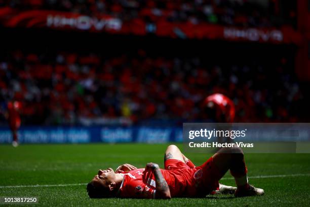 Rubens Sambueza reacts during the third round match between Toluca and Chivas as part of the Torneo Apertura 2018 Liga MX at Nemesio Diez Stadium on...