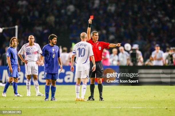 Zinedine Zidane of France gets a red card by Horacio Elizondo, referee during the World Cup final match between Italy and France at the...
