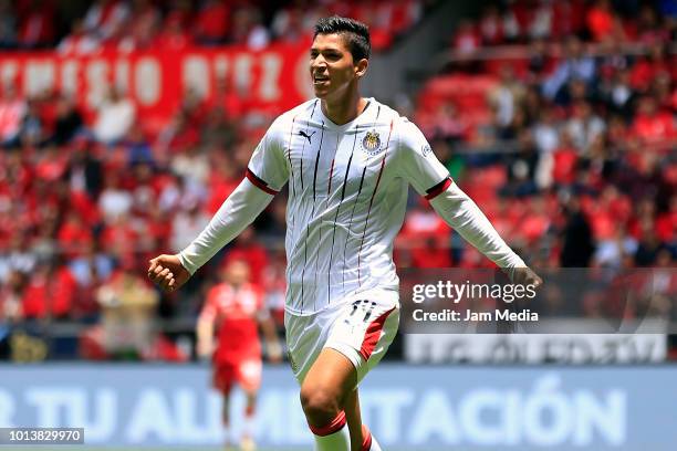 Angel Zaldivar of Chivas celebrates after scoring his first goal during the third round match between Toluca and Chivas as part of the Torneo...