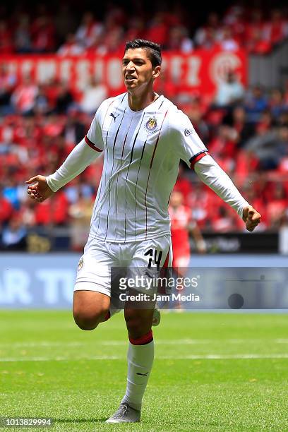 Angel Zaldivar of Chivas celebrates after scoring his first goal during the third round match between Toluca and Chivas as part of the Torneo...