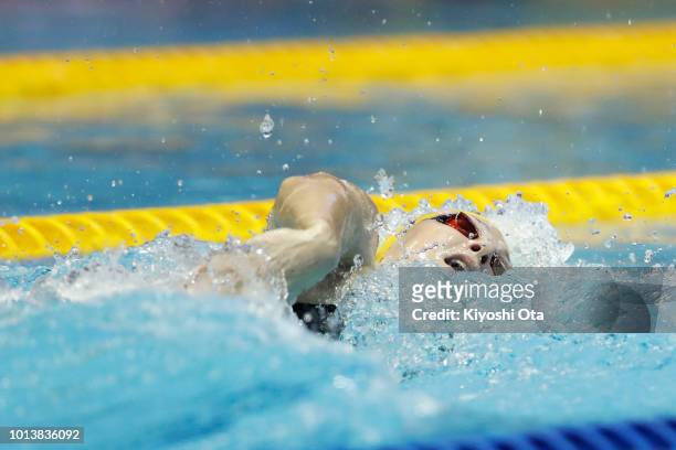 Cate Campbell of Australia competes in the Mixed Medley Relay Final on day one of the Pan Pacific Swimming Championships at Tokyo Tatsumi...