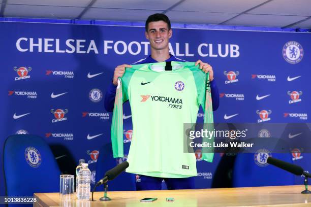 Chelsea unveil new signing Kepa Arrizabalaga at Stamford Bridge on August 9, 2018 in London, England.