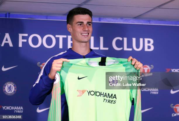 Chelsea unveil new signing Kepa Arrizabalaga at Stamford Bridge on August 9, 2018 in London, England.