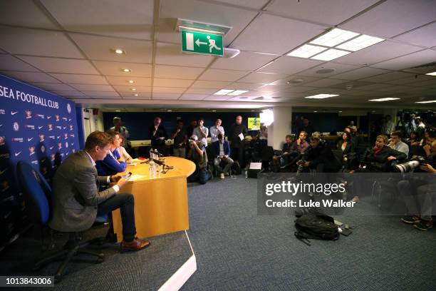 Chelsea unveil new signing Kepa Arrizabalaga at Stamford Bridge on August 9, 2018 in London, England.