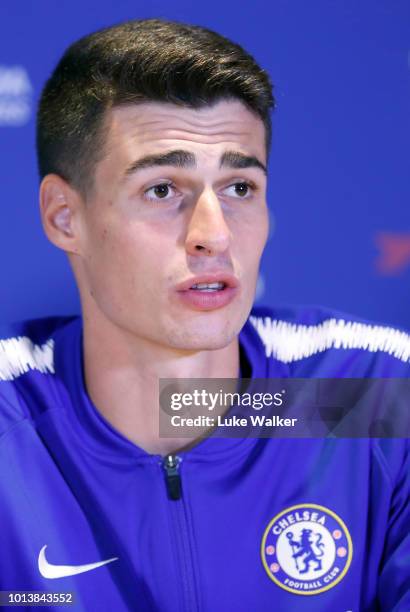 Chelsea unveil new signing Kepa Arrizabalaga at Stamford Bridge on August 9, 2018 in London, England.