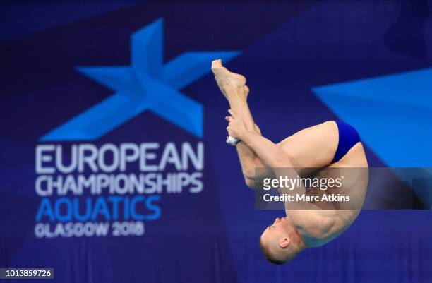 Ilia Zakharov of Russia competes in the Men's 3m Springboard final during the diving on Day eight of the European Championships Glasgow 2018 at Royal...