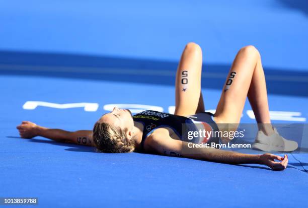 Cassandre Beaugrand of France reacts after the women's triathlon on Day eight of the European Championships Glasgow 2018 at Strathclyde Country Park...