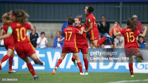 Carmen Menayo of Spain celebrates her team's first goal with team mates during the FIFA U-20 Women's World Cup France 2018 group C match between...