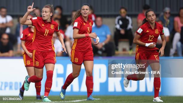 Carmen Menayo of Spain celebrates her team's first goal with team mates during the FIFA U-20 Women's World Cup France 2018 group C match between...