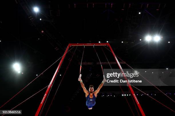 Andrey Medvedev of Israel competes in Rings in subdivision 2 on Day Seven of the European Championships Glasgow 2018 at The SSE Hydro on August 9,...