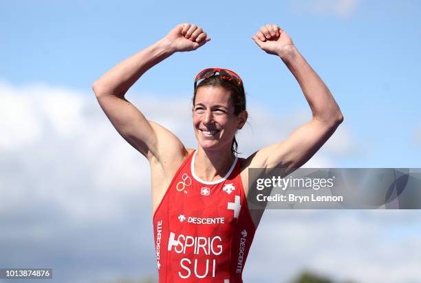 Nicola Spirig of Switzerland celebrates winning gold in the women's triathlon on Day eight of the European Championships Glasgow 2018 at Strathclyde...