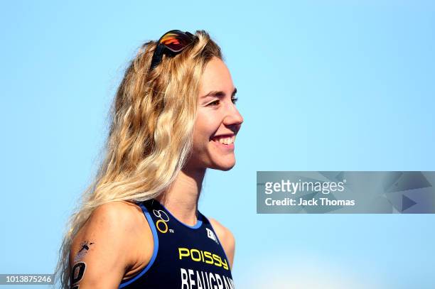 Cassandre Beaugrand of France celebrates after coming third in the women's triathlon on Day eight of the European Championships Glasgow 2018 at...