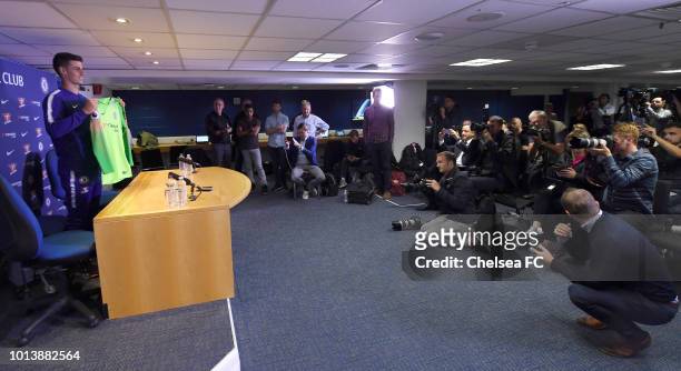 New signing Kepa Arrizabalaga of Chelsea is unveiled at a press conference at Stamford Bridge on August 9, 2018 in London, England.