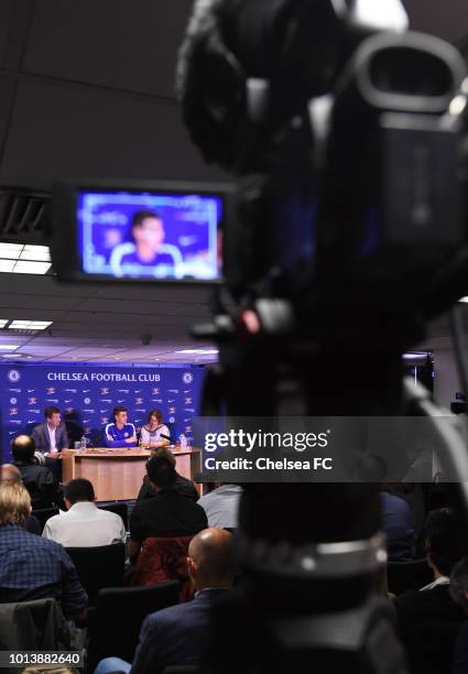 New signing Kepa Arrizabalaga of Chelsea is unveiled at a press conference at Stamford Bridge on August 9, 2018 in London, England.