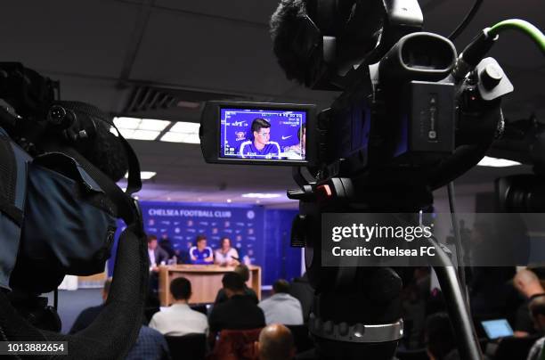 New signing Kepa Arrizabalaga of Chelsea is unveiled at a press conference at Stamford Bridge on August 9, 2018 in London, England.