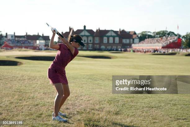 Georgia Hall of England plays her second shot on the 18th hole during day four of Ricoh Women's British Open at Royal Lytham & St. Annes on August 5,...