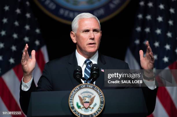 Vice President Mike Pence speaks about the creation of a new branch of the military, Space Force, at the Pentagon in Washington, DC, on August 9,...