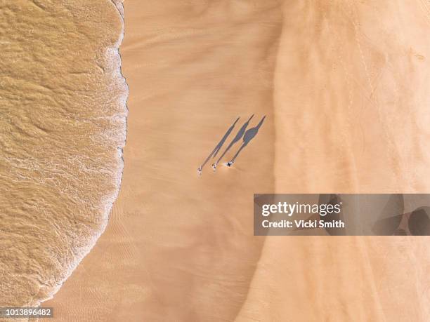 aerial shot above a surfers walking along the beach - gold coast australia fotografías e imágenes de stock