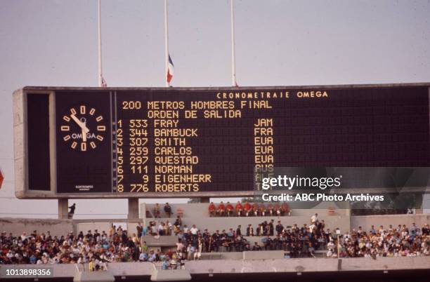 Mexico City, Mexico Scoreboard for the Men's 200 metres event at the 1968 Summer Olympics / Games of the XIX Olympiad, Estadio Olímpico Universitario.