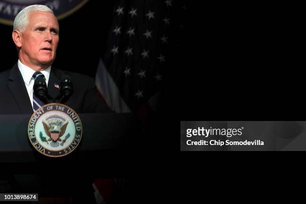 Vice President Mike Pence announces the Trump Administration's plan to create the U.S. Space Force by 2020 during a speech at the Pentagon August 9,...