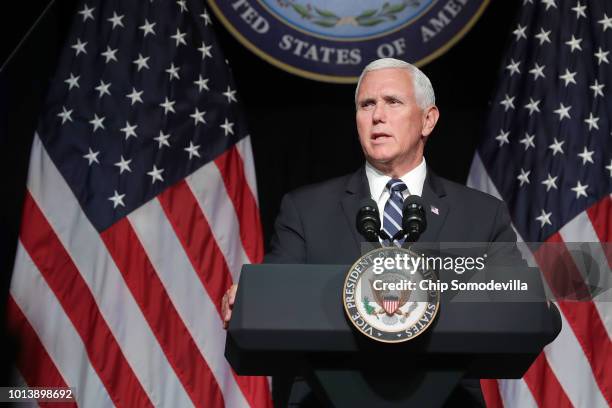 Vice President Mike Pence announces the Trump Administration's plan to create the U.S. Space Force by 2020 during a speech at the Pentagon August 9,...